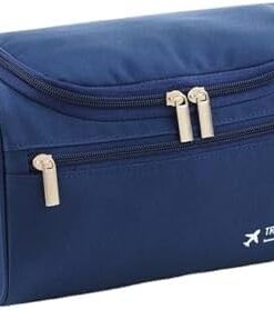 Trousse de maquillage de voyage imperméable de grande capacité avec plusieurs poches et crochet intégré en tissu Oxford durable, bleu, Portable