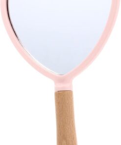 Housoutil Miroir de Maquillage Portable Poignée Forme Cœur Surface Miroir Claire et Netteté Supérieure en Bois Design Simple et Chic, Accessoire Cosmétique Rose pour Femme