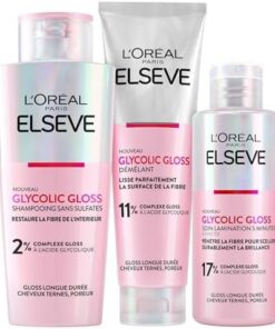 L'Oréal Paris - Routine Cheveux Soin Gloss Brillance Miroir - Pour Cheveux Ternes - Enrichi en Acide Glycolique - Sans Sulfates - Elseve Glycolic Gloss Ultimate - 3 Produits | 2x plus brillants, +88% plus doux, Sans sulfates, Flacons 100% plastique recyclé, Brillance jusqu'à 10 shampooings