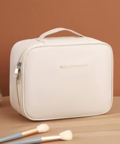Trousse de maquillage rose – Grande trousse de maquillage de voyage avec compartiment à pinceaux et séparateurs | Trousse de toilette étanche pour femme, beige, Voyagez avec une trousse de maquillage