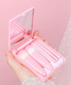 Lot de 5 pinceaux de maquillage de voyage - Kit de beauté portable avec étui miroir pour poudre, blush et application quotidienne de maquillage (rose)