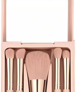 Lot de 5 pinceaux de maquillage de voyage avec miroir – Kit cosmétique portable pour fard à paupières, blush et poudre, poils synthétiques doux et trousse à outils de beauté professionnelle rose