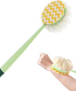 Long Handle Bath Brush - Double Sided Body Scrubber, Integrated Mesh Loofah, Soft Bristle Cleaning Tool, Extended Reach Back Wand, Bathroom Supplies Category, White Bamboo Set for Adults and Seniors