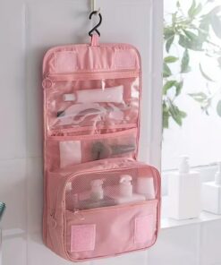 Trousse de toilette de voyage de grande capacité en tissu sergé robuste avec crochet de suspension pour maquillage, kits de rasage, rangement de salle de bain, rose