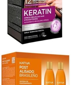 KATIVA – Kit Lissage Brésilien Végétalien Xpress à Double Kératine et Lot 3 Soins Lissage Brésilien – Shampooing + Après-Shampooing + Masque