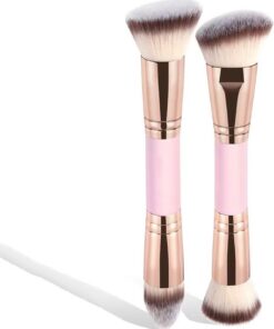 Lot de 2 pinceaux de maquillage à double extrémité, rose à double tête pour fond de teint et contour pour estomper la crème liquide, la poudre, les cosmétiques
