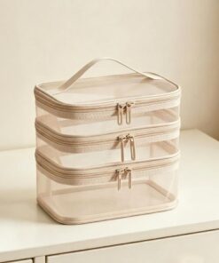 Trousse de voyage pour cosmétiques, organisateur de maquillage en maille, trousse de toilette résistante à l'eau, beige, Triple Layers, Morden