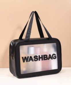 Trousse de toilette de voyage translucide mate pour femme, sac de rangement de maquillage portable, pochette de rangement légère pour les vacances, la salle de bain, les essentiels de voyage, noir