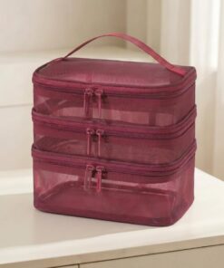 Trousse de voyage pour cosmétiques, organisateur de maquillage en maille, trousse de toilette résistante à l'eau, Rouge, Triple Layer, Morden