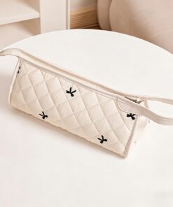 Trousse de maquillage matelassée, sac de rangement pour sèche-cheveux avec nœud rose, grande trousse de toilette de voyage pour outils de coiffure et accessoires, coquette, Papillons beiges et noirs