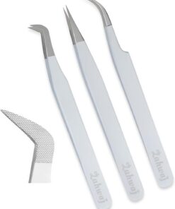 Lot de 3 pinces à cils pour extensions de cils – Volume, courbée en J, pinces à épiler isolantes avec pointes en fibre de couleurs blanches, idéales pour les cils méga, volume et russes