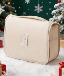 Trousse de toilette de voyage grande capacité en tissu sergé robuste avec crochet de suspension pour maquillage, kits de rasage, rangement de salle de bain, beige, Grand, Pratique/organisationnel