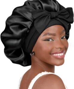 Bonnet de cheveux avec nœud en satin avec chouchou - Bonnet de nuit réglable pour soins capillaires - Douche quotidienne