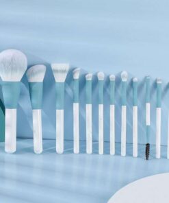 Lot de 12 pinceaux de maquillage synthétiques avec poignées marbrées bleues et blanches pour poudre, blush, anti-cernes, fard à paupières, sourcils, outils cosmétiques portables pour la mise en page
