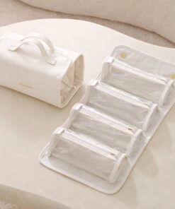 Trousse de Toilette de Voyage pour Femme, Grand Organisateur de Maquillage à Suspendre avec 4 Compartiments détachables, Trousse de Maquillage en Cuir imperméable pour Accessoires de Voyage et