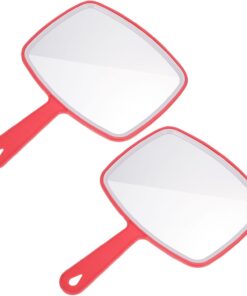 Housoutil Miroir de Beauté à Main Carré en Plastique, Lot de 2, Rouge | Poignée Ergonomique, Format Portable, Usage Maison et Voyage, Accessoire Maquillage pour Femmes