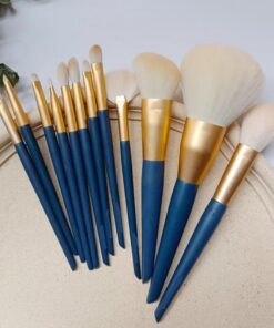Lot de 12 pinceaux de maquillage synthétiques avec manches bleu marine et virole dorée pour poudre, blush, correcteur, fard à paupières, outils cosmétiques pour coiffeuse et pratique quotidienne