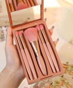 Lot de 5 pinceaux de maquillage synthétiques avec poignées rose poudré - Pinceaux de maquillage pour fard à paupières, anti-cernes - Étui de rangement compact - Outils cosmétiques pour débutants de