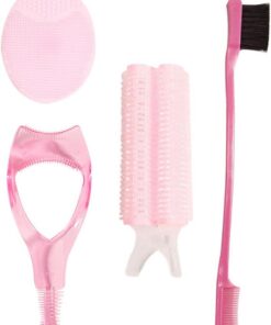 Set de 4 Outils de Maquillage Rose, Pinceau Double Embout pour Sourcils | Format Portable, Léger et Compact, Usage Voyage et Quotidien, Nettoyage Facile, Matériaux Plastique Métal Silicone