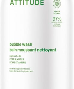 ATTITUDE Bain Moussant, Certifié EWG Verified, Nettoyant pour le Corps, Doux pour la Peau, Ingrédients d’Origine Naturelle, Végane, Parfum Poire & Ambre, 473 mL