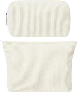 JIHUOO Lot de 2 trousses cosmétiques de grande capacité en velours côtelé - Trousse de toilette de voyage - Joli sac à outils de maquillage - Sacs esthétiques pour soins de la peau - Beige