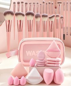 Lot de 44 pinceaux de maquillage professionnels avec sac de rangement, fond de teint, pinceaux de maquillage pour les yeux et le visage (rose)