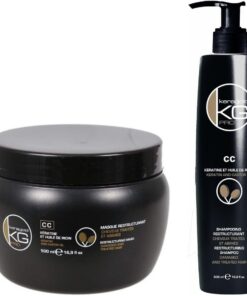 KERAGOLD PRO CC – Lot de 2 Soins Capillaires – Shampoing 500ml + Masque 500ml – Kératine & Huile de Ricin pour Fortification et Croissance des Cheveux