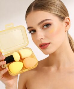 1 pinceau à fond de teint avec 3 mélangeurs de beauté et ensemble de houppettes à champignons, kit éponge de maquillage à double usage humide et sec pour une application de base impeccable – Jaune