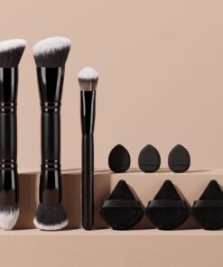 Lot de 9 pinceaux de maquillage pour le visage, 2 pinceaux à double extrémité, pinceau plat anti-cernes avec houppettes triangulaires et mini houppettes à doigts, ensemble de pinceaux de maquillage à