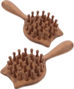 Peigne de Massage pour Cheveux en Bois, Forme Chat, Lot de 2 | Dents Larges, Couleur Marron, Soin Capillaire à Domicile Voyage, Format Portable