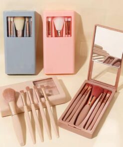 Lot de 5 mini pinceaux de maquillage de voyage avec étui miroir, kit de pinceaux cosmétiques portables pour estompage de fard à paupières pour retouches (bleu poussiéreux)