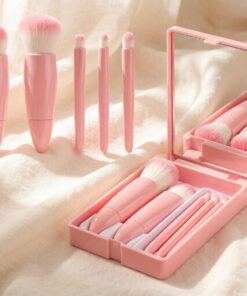Lot de 5 pinceaux de maquillage de voyage, mini applicateurs cosmétiques à poils doux avec boîte de rangement en plastique miroir intégré, outil de maquillage quotidien portable pour débutants et