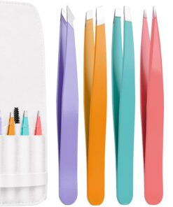 Euqvunn Lot de 5 Pinces à Épiler Sourcils Professionnelles Acier Inox Kit Épilation Précision avec Brosse et Pochette de Voyage Femme - Couleurs Candy