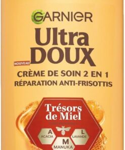 Garnier Ultra Doux Crème Soin 2-en-1 Cheveux Fragiles Cassants 200ml | Miels Manuka Acacia Lavande, Texture légère, Barrière anti-humidité, Flacon plastique 100% recyclé