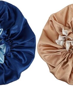 Ciieeo Lot de 2 Set de Bonnets de Nuit en Satin à Double Couche Large Bordure Fleurie, Élastiques, Bleu et Doré, Protège Cheveux Bouclés et Fins, Soin Capillaire Nuit et Maison, Beauté