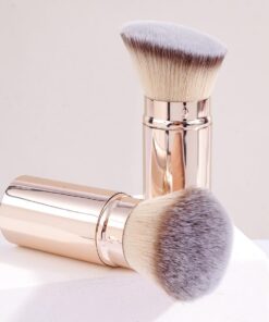 Lot de 2 pinceaux de maquillage rétractables Kabuki portables avec dessus plat et incliné pour crème liquide cosmétique voyage Doré