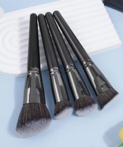 Lot de 4 pinceaux de maquillage professionnels de qualité supérieure - Brochas Para Maquillaje - Accessoires de vanité - Pour fond de teint, anti-cernes, contour, mélange liquide, kabuki, noir