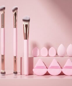 Lot de 11 pinceaux de maquillage roses, 2 pinceaux anti-cernes à double extrémité et pinceau plat pour fond de teint, houppettes triangulaires en velours, mini houppettes de doigts et éponges de