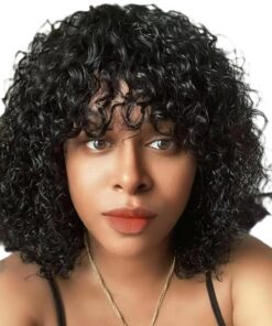 Soins capillaires Perruque Bob Bouclée Courte Et Ondulée 16 Pouces Avec Frange Pour Femmes Cheveux Humains Couleur Naturelle