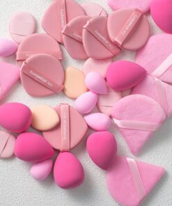 Lot de 35 éponges de maquillage roses et houppettes à poudre, mini houppettes et mélangeurs de beauté, kit d'outils de maquillage multi-formes sans latex, pour fond de teint, correcteur et poudre
