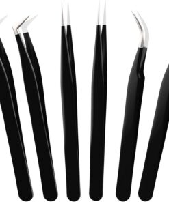 Lot de 6 pinces à épiler de haute précision en acier inoxydable pour extensions de cils classiques, volumes, méga volume, poils du visage, sourcils, épilation, loisirs créatifs (noir)