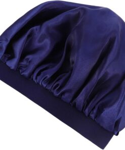 Ciieeo Bonnet de Nuit en Satin à Large Bord Bleu Marine pour Cheveux Femme | Soie Artificielle et Polyester, des Frottements, pour Sommeil et Toutes Occasions, Soin Capillaire