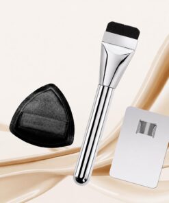 Lot de 3 pinceaux plats pour fond de teint avec éponge noire et palette de maquillage, outil de mélange ultra-fin sans trace pour crème liquide Argenté