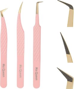 Ms.Queen Lot de 3 pinces de précision pour extensions de cils, pointe en fibre, en forme de L 90°, pour volume et isolation des cils