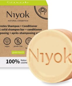 Niyok® Shampooing Solide 2-en-1 "Green Touch" (80g) • Soin Capillaire Vegan & Naturel • Après-Shampooing Inclus • 100% Cosmétique Naturel • Sans Plastique | Avec beurre de karité pour le nettoyage et l'entretien, pH 5,5 et parfum de cardamome et de mimose