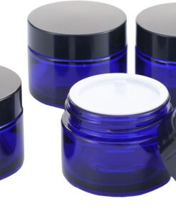OverNews Lot de 4 bocaux en verre vides de 56,7 g avec couvercle noir et spatule, petit pot pour beauté (bleu)