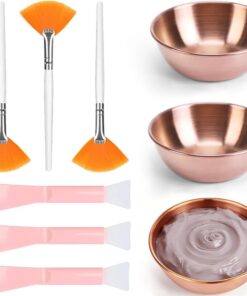 Lot de 9 outils de masque facial avec bols en acier inoxydable et brosses en silicone, pour soins de la peau professionnels et application douce (or rose)