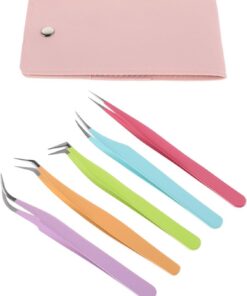 VICASKY Jeu de Pinces à Épiler pour Extensions de Cils en Métal Inoxydable Kit 5 Pièces Étui en Cuir Pinces de Précision Droite et Courbée pour Pose de Touffes et Cils Individuels Outils