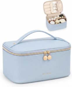 Prite Trousse de Maquillage Femme avec Support à Pinceaux, Bleu, Standard | Trousse de Toilette, Vanity Case, Voyage, Multi-Compartiments, Séparateur Amovible, Poignée Solide, Hydrofuge, Cuir Vegan