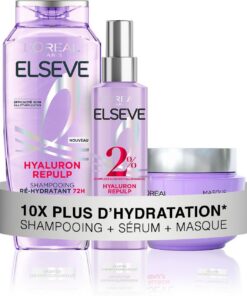 L'Oréal Paris - Routine Soin Hydratation Intense - Cheveux Déshydratés - Hydratation 72H - À l'Acide Hyaluronique - 3 Produits - Shampooing, Sérum & Masque - Elseve Hyaluron Repulp | Acide hyaluronique pur, Brillance miroir, Fibre épaissie 9%, Flacon plastique 100% recyclé, Fabriqué France